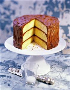 Sliced Triple Layer Cake with Chocolate Icing