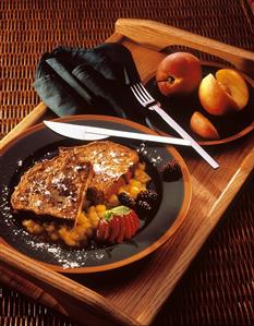 French Toast and Fresh Fruit on Wooden Tray