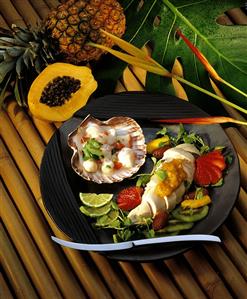 Scallop Seviche and Chicken Breast with Tropical Fruit