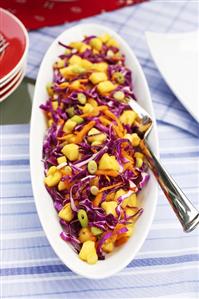 Purple Cabbage and Pineapple Slaw in Serving Dish
