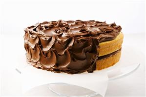 Partially Frosted Double Layered Yellow Cake; Chocolate Frosting