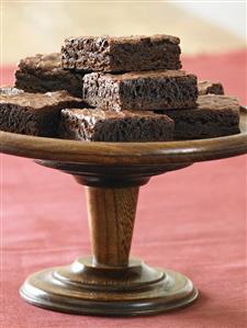 Chocolate Brownies on Wooden Pedestal Dish